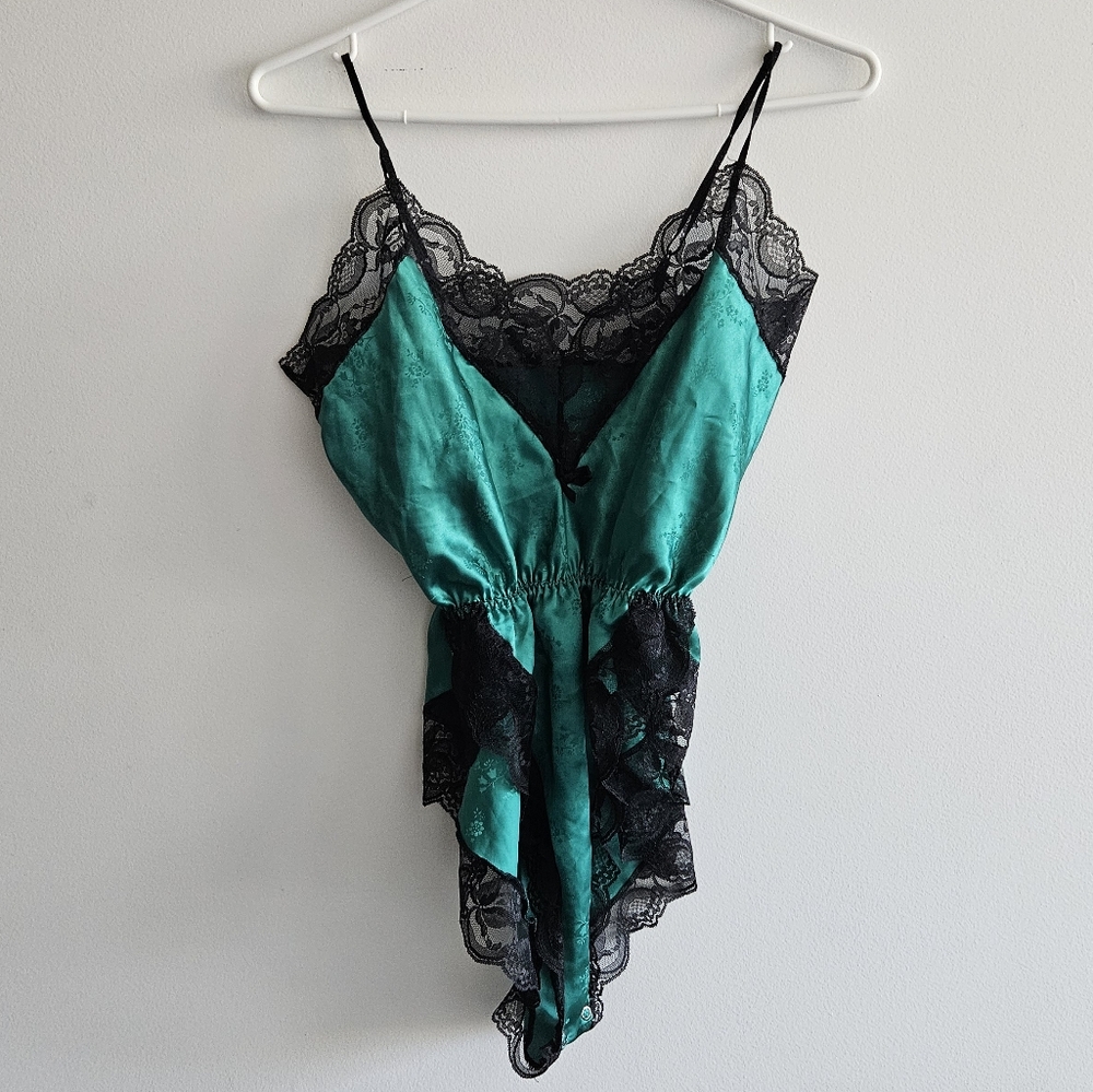 Vintage Teal and Black Lace Satin Chemise